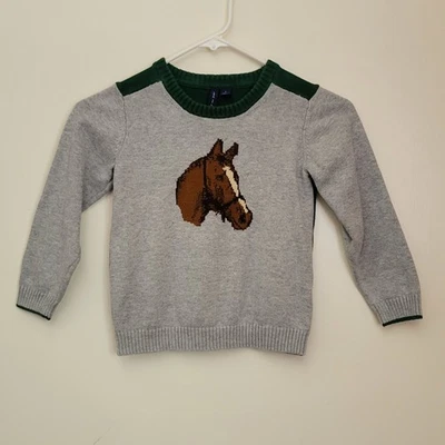 Janie Jack 5 Horse Sweater Green Cream Brown Child Pullover Crew Neck Equestrian - Image 1 of 3