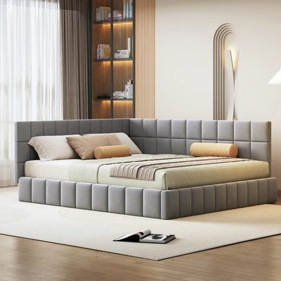 Polsterbett Schlafsofa 160x200 Samtstoff Multifunktionsbett mit Lattenrost Grau - Bild 1 von 4
