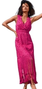 Boston Proper Very Berry Pink v-neck lace sleeveless fringe hem maxi dress M NWT - Picture 1 of 15