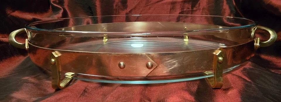 Pyrex Baking Dish Nilsjohan Sweden Oval Glass Copper & Brass Stand Caddy France - Image 1 of 4
