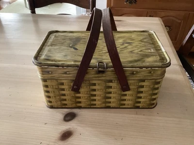 Vintage SALERNO Cookie/Cracker Tin Picnic Basket/Swinging Wooden Handles - Image 1 of 4
