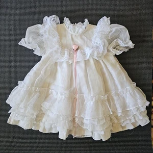 Vintage Jo Lene Toddler Girl White Ruffle Lace Pink Ribbon Dress Size 2T - Picture 1 of 16