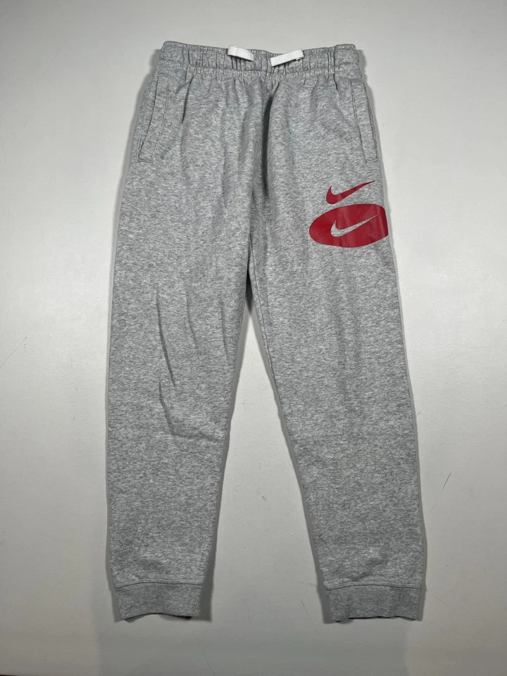 Nike Pants Youth Large Gray Fleece Sweatpants Joggers Red Swoosh Logo Cuffed - Image 1 of 4
