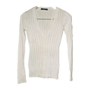 Winter White Cable Knit V-Neck Sweater Soft Cotton Feel Lightweight Form Fitting - Picture 1 of 7