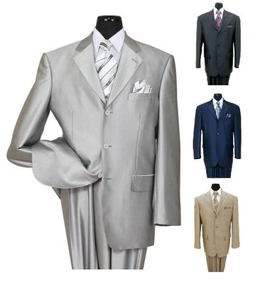 Men's 3 Button Elegant Wool Feel Sharkskin Look Suit Color Silver 58025 - Image 1 of 4