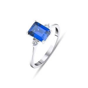 14K SOLID WHITE GOLD EMERALD CUT SAPPHIRE AND DIAMOND RING, ENGAGEMENT RINGS - Picture 1 of 2