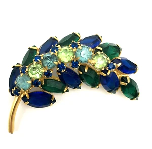 Blue Green Rhinestone Domed Leaf Brooch Vintage - Picture 1 of 12