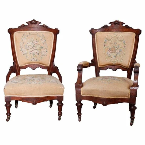 Antique Renaissance Revival Walnut, Burl & Needlepoint Parlor Chairs, c1890 Cover
