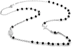 COLLANA A ROSARIO IN ARGENTO 925 RODIATO IN ORO BIANCO E PERLINE NERE 47 CM - Picture 1 of 1
