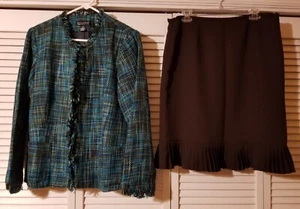 Dialogue/ Emma James 2-Piece Size 14 Jacket Skirt Suit Set Blue Brown Mix Lined - Picture 1 of 15