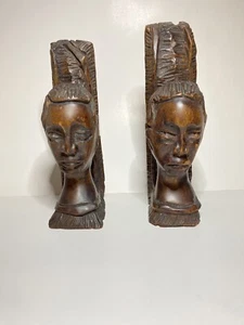 Set (2) Hand Carved Wood African Tribal Folk art Bookend Busts Figural - Picture 1 of 6