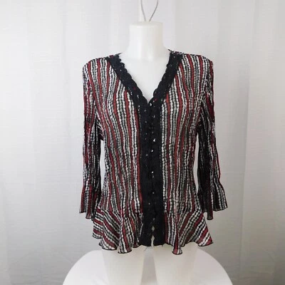 Piano Bell-Sleeve Ruffle-Hem V-Neck Lace-Trim Button-Front Top - Large #2818 Foto 1 de 4