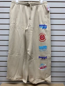 Poppi branded beige graphic logo sweatpants wide straight leg fleece Size 1X NWT - Picture 1 of 4