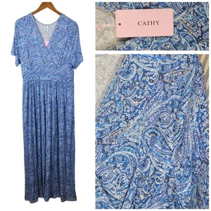 NEW Plus Size Dress 2X 3XL Casual Stretch Blue Maxi Wrap Top Surplice Long - Picture 1 of 9