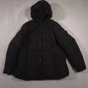 St. John's Bay Jacket Womens 1X Black Hooded Quilted Puffer Snap Front Winter - Picture 1 of 12