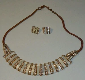 Esha Randel Gold Tone Mother of Pearl Rhinestone Necklace & Earrings 1940s Deco - Picture 1 of 7