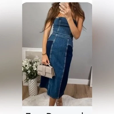 Zara the contrast Blue Two-Tone denim strapless dress - Image 1 of 4