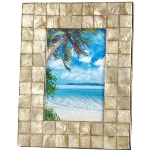 Tile Patterned Capiz Shell Photo Frame 4x6" Champagne Beige - Picture 1 of 2