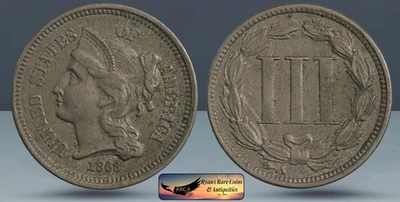 1868 Three Cent Nickel, Repunched America, Almost Uncirulated Condition, C8300 - Image 1 of 4