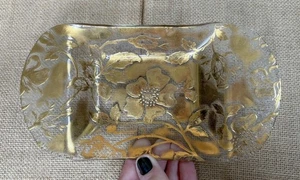 Vintage Gold Overlay Floral Glass Candy Relish Trinket Dish Rectangle Romance - Picture 1 of 6