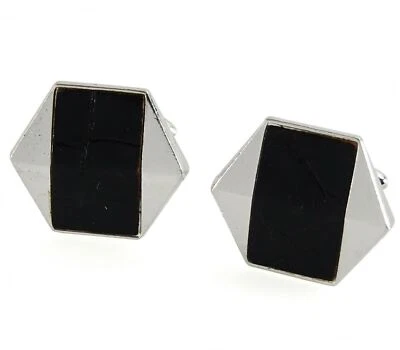 Gemelos Swank Designer Silvertone Hexagonales Negro Imitación Cuero Inserto De Colección Foto 1 de 3