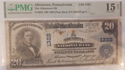 1902 $20 Allentown National Bank Fr# 650, Scarce Blue Seal Low S. N. #250429 - Image 1 of 2