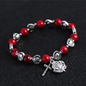 Jungfrau Maria roter Stein Perlen Stretch Rosenkranz Armband Ave Maria Rose Charm Kreuz - Bild 1 von 9