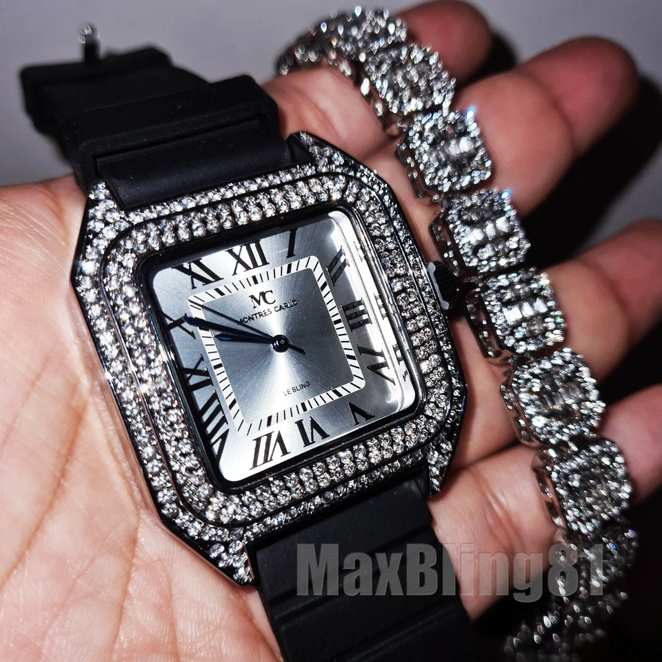 MEN'S HIP HOP SILVER PT LUXURY SILICONE BAND WATCH & ICED BAGUETTE BRACELET SET  - Image 1 of 1