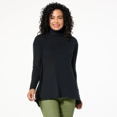 Suéter DG2 Diane Gilman Cepillado Tejido Cortina Espalda Cuello Alto Top Talla Grande Negro Foto 1 de 4