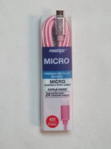 PowerXcel Micro Charge & Sync Cable Metallic Braided 4 Foot Pink Rapid Charge - Picture 1 of 1