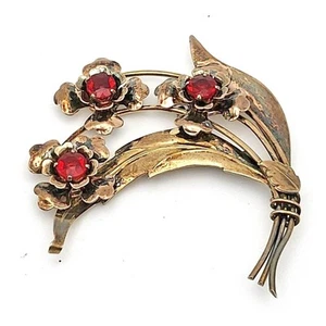 HARRY ISKIN Art Nouveau BROOCH 10kt Gold Filled Red Rhinestones 2 1/2" x 11/2" - Imagen 1 de 4