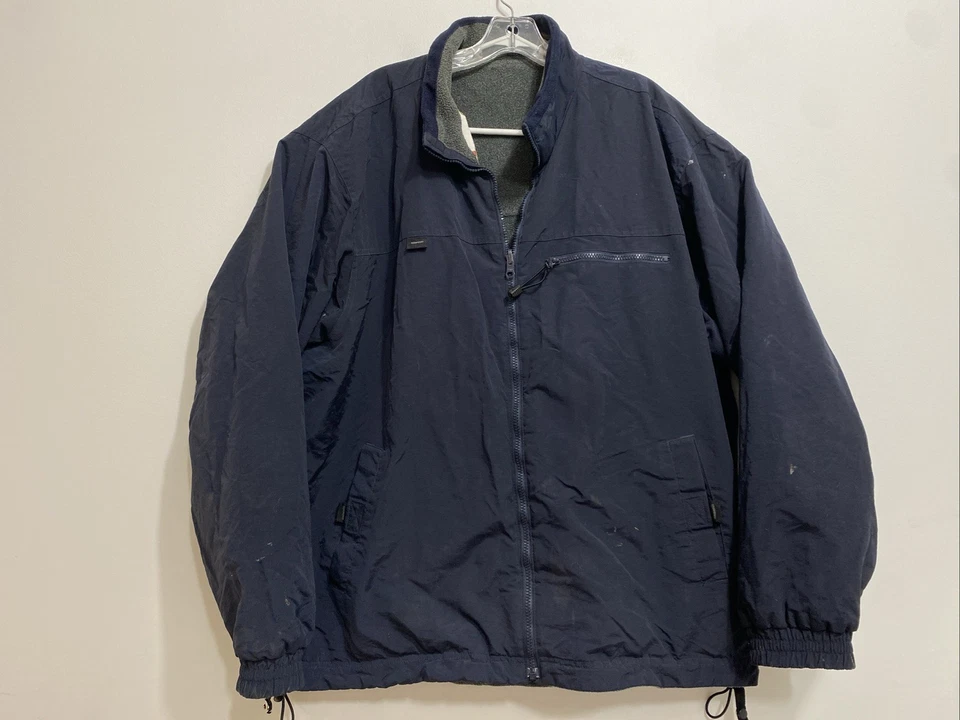 VTG Trader Bay Jacket Mens Sz XLT Navy Reversible Nylon Fleece Full Zip Bomber - Image 1 of 4