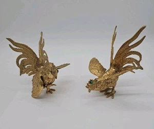Vintage Fighting Roosters Set 2 Cocks Brass Metal Detailed Figurines Chicken - Picture 1 of 20