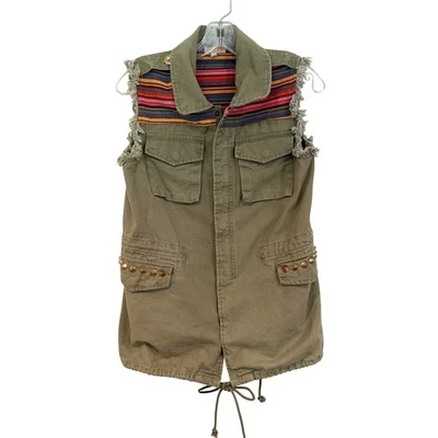 Gianni Bini 军用实用工装背心女式中号橄榄镶嵌波西米亚嬉皮 — 第 1/4 张图片