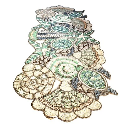 Pier 1 Coastal Collection Hand Beaded Table Runner Turtle Shells Starfish 13x36 - Image 1 of 4