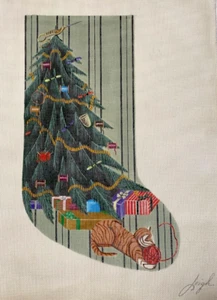 Christmas Stocking Hand Painted Needlepoint Canvas Leigh Tree Cat Kitten Sewing - Picture 1 of 13