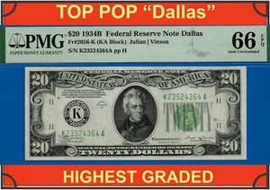 Top Pop 1934B $20 Dallas FRN PMG 66EPQ highest graded total 19 known Fr 2056-K - Picture 1 of 5