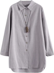 Minibee Women Casual Cotton Linen Blouse Tunic High Low Shirt Long Sleeve Grey - Picture 1 of 6