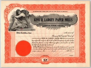 Vintage c1909 Stock Certificate "King & Largey Paper Mills" Montana - Picture 1 of 2