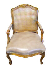 French Carved Oak Vintage Bergere Canework & Leather Armchair - (117137B)