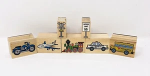 Wood Mount Rubber Stamp Lot Transportation Theme Truck Police Car Motorcycle - Picture 1 of 10
