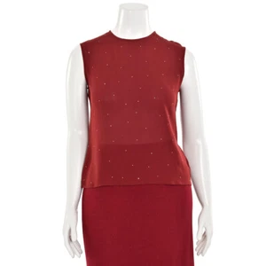 *SPARKLY!* St. John Knits Deep Cherry Red/Gold Crystal Stud Sheer Silk Blouse 8 - Picture 1 of 8