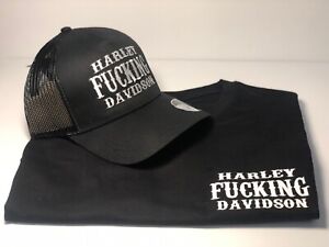 New Harley Fuckin Davidson trucker hat and t-shirt tee black retro vintage style