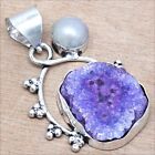 Pendant Purple Solar Drusy Gemstone Handmade 925 Silver Jewelry 2"