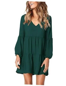 Women Summer Tunic Dress V Neck Casual Loose Flowy Swing Small Dark Green - Picture 1 of 7