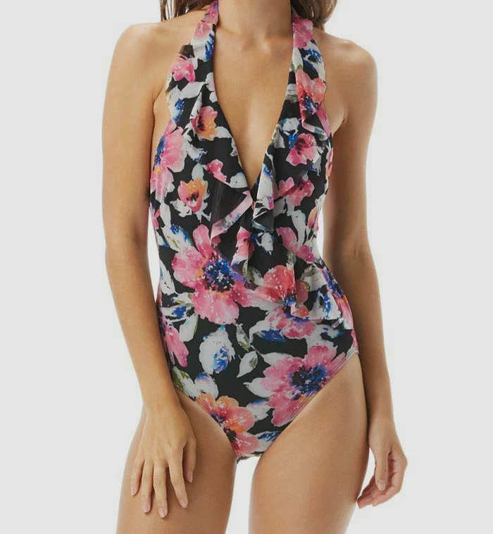 Carmen Marc Valvo Riviera Blooms Mesh Surpice Halter One-piece Multi Size 8