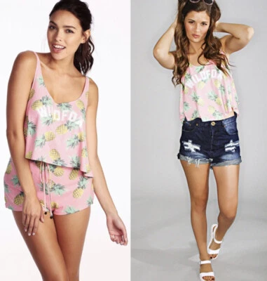 NUEVO CON ETIQUETAS WILDFOX Couture Costilla Tejido Corto Tanque Rosa Fiji Piña Playa Foto 1 de 4