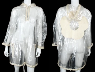 COURREGES Vintage Sheer Flower Applique Drawstring Hooded Raincoat 40 - Image 1 of 4