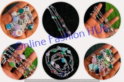 Collar enchapado en plata de ley 925 con piedras preciosas surtidas amazonita, ónix, cuarzo 40 pulgadas Foto 1 de 4