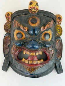 Tibetan Nepalese Bhairav Hand Carved Wooden Tribal Face Mask Snakes Birds - Picture 1 of 4